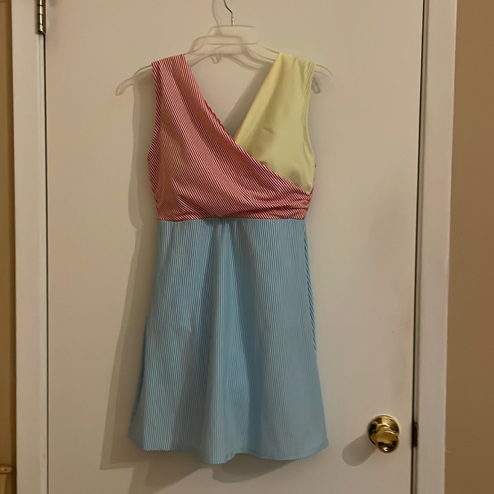 Lands End Seersucker color block swim dress size 8 DDD